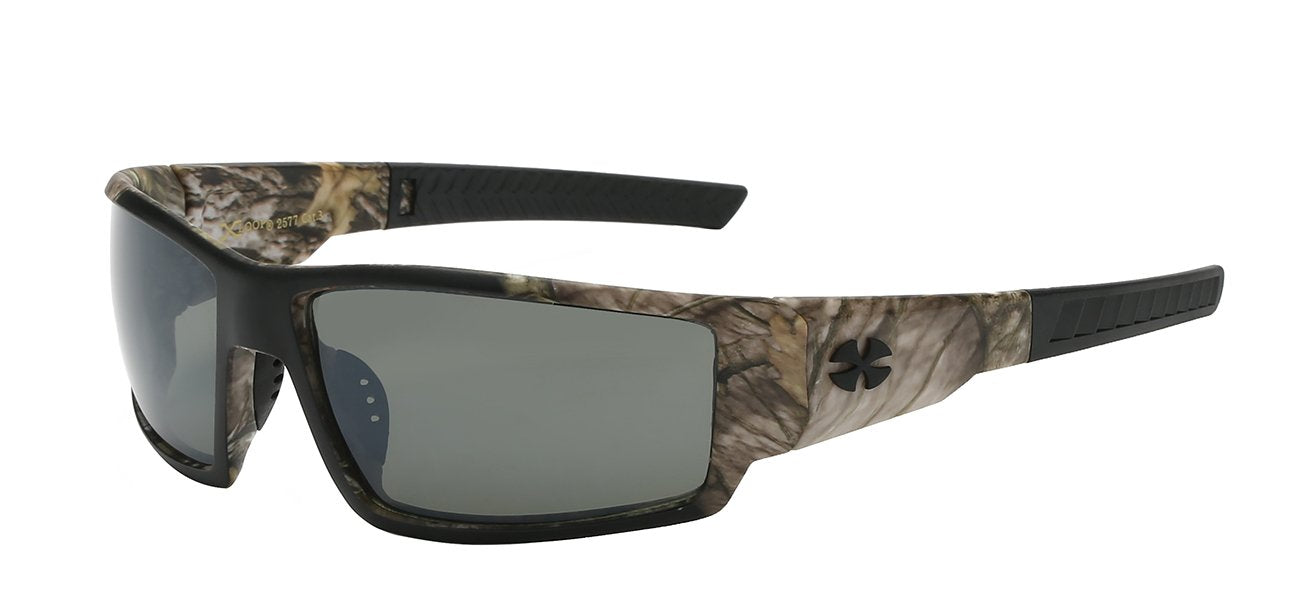 Xloop sport wrap sunglasses with camo printed temple lens