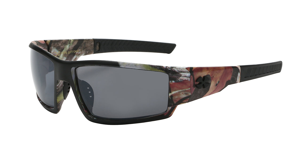 Xloop sport wrap sunglasses with camo printed temple lens