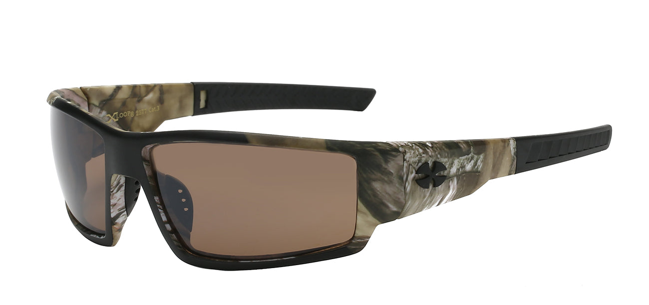 Xloop sport wrap sunglasses with camo printed temple lens